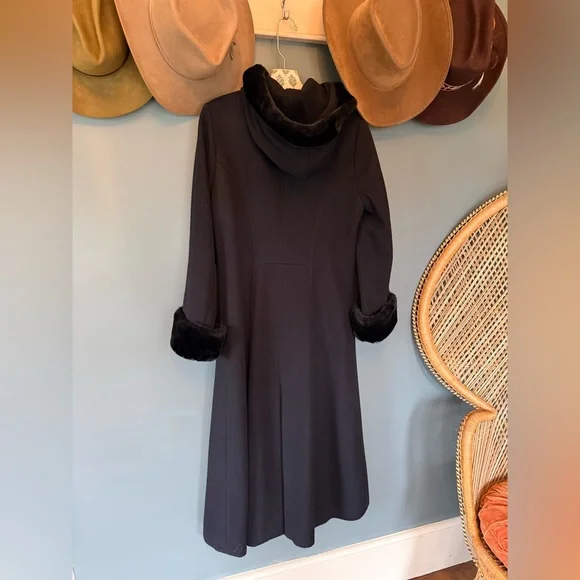 Vintage duster Long Black Wool Fur trim coat Hood cuffs sz 8p - Picture 9 of 14